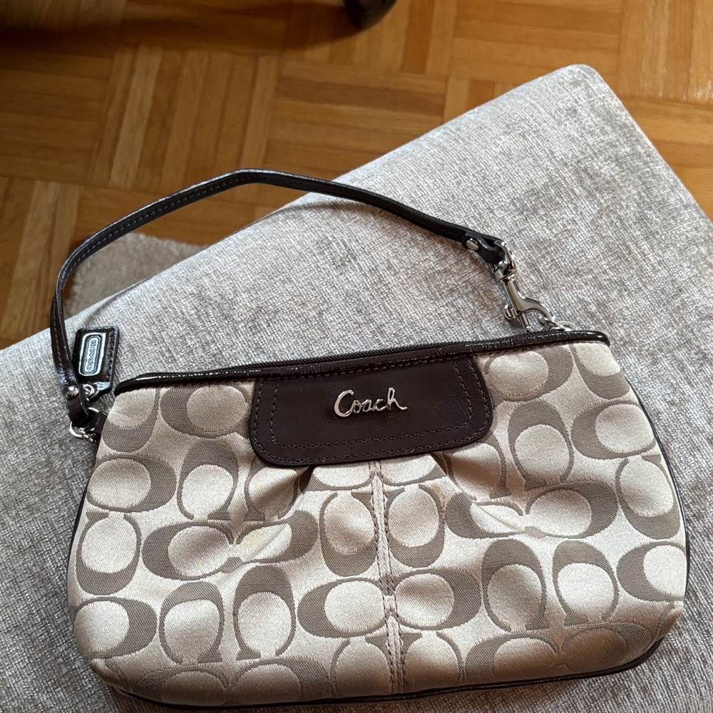 Coach Signature Beige and Brown Wristlet